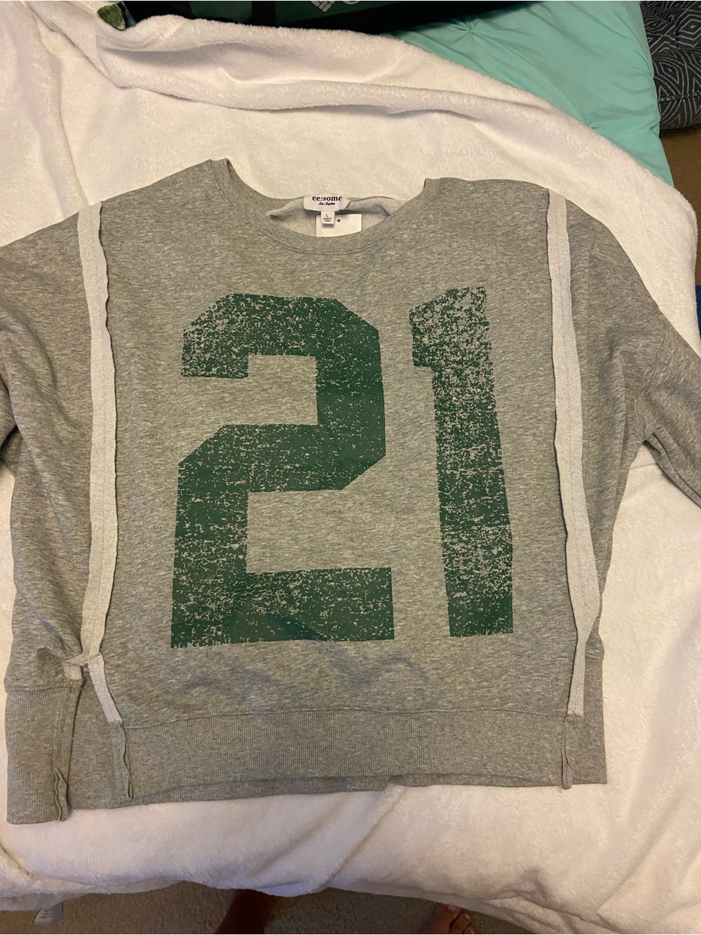 eesome Gray Crewneck Sweater with Green '21' Graphic